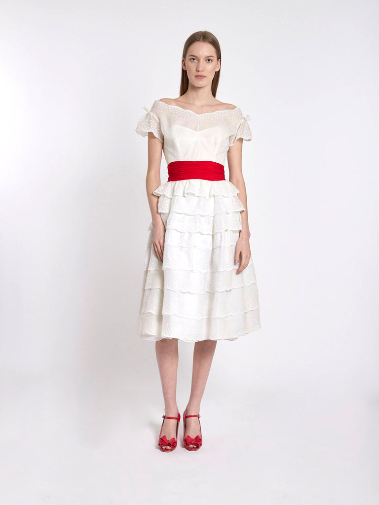 Vintage 1950s Curiel White Dress with Red Belt B1603622  Curiel 