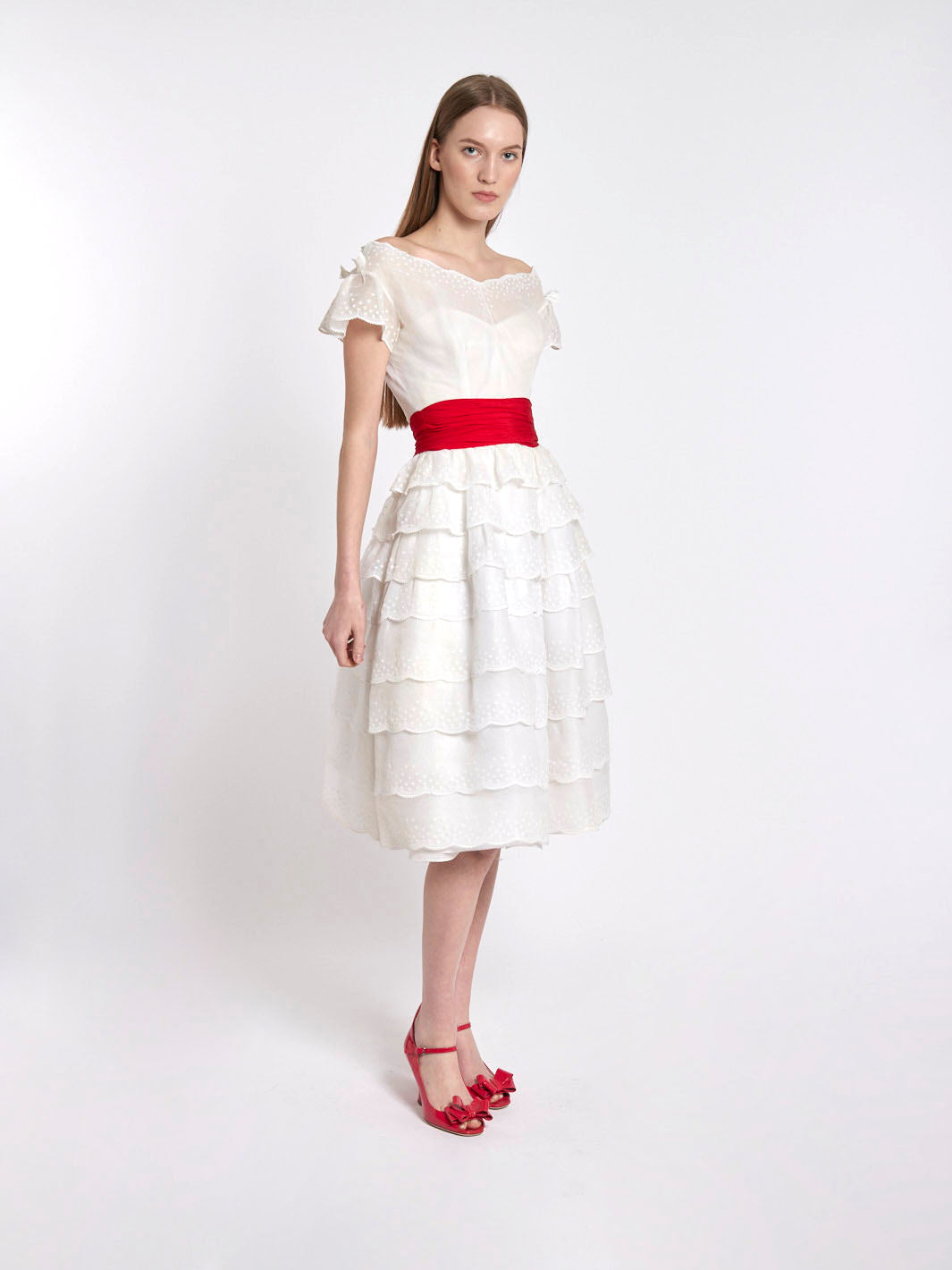 Vintage 1950s Curiel White Dress with Red Belt B1603622  Curiel 