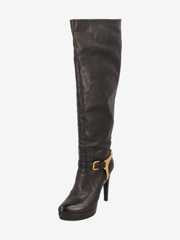Prada 2000s Leather Knee-High Boots with Gold Detail W6826.9  Prada 