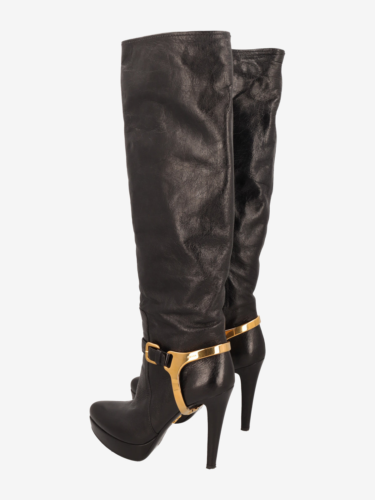 Prada 2000s Leather Knee-High Boots with Gold Detail W6826.9  Prada 