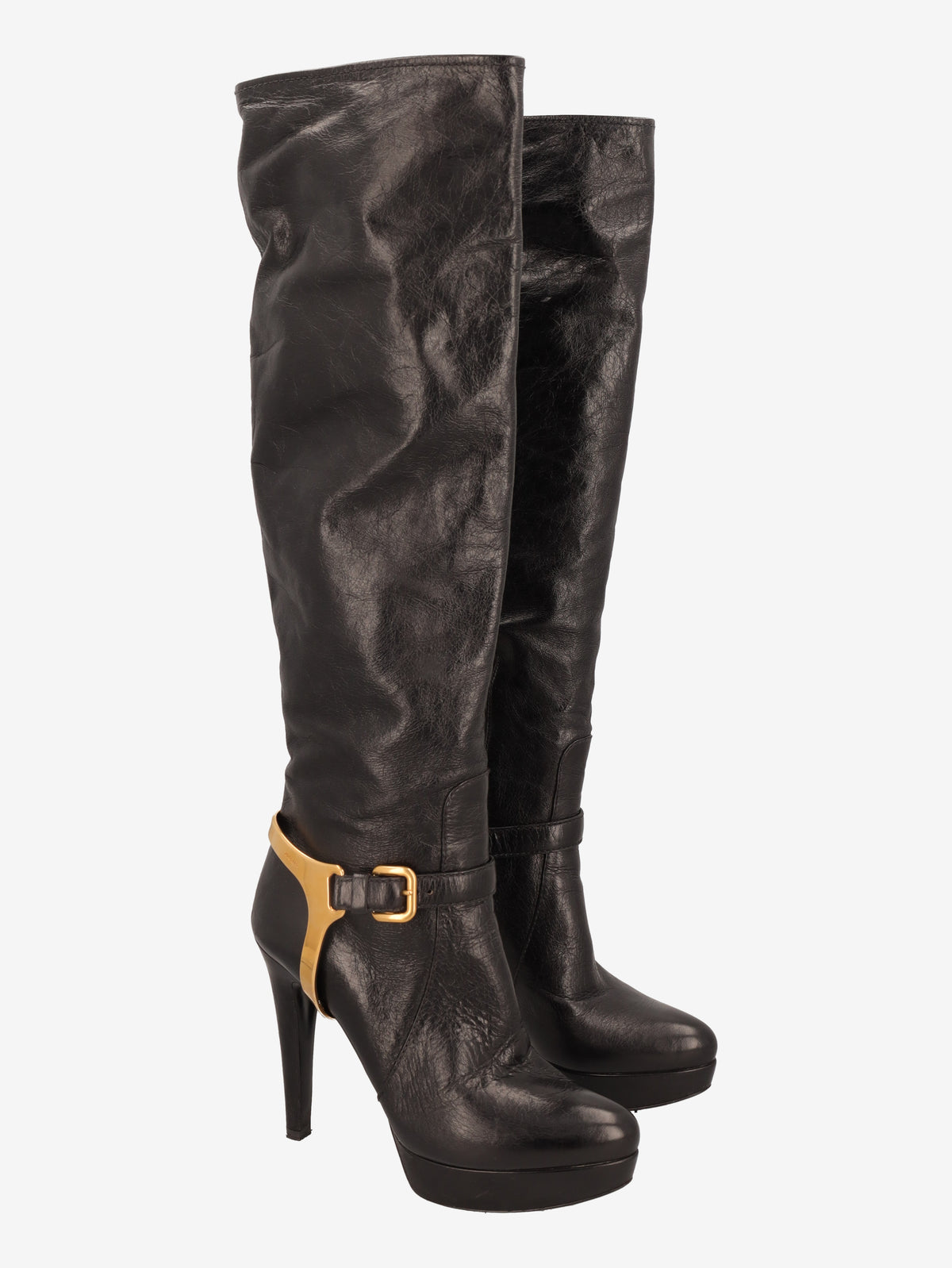 Prada 2000s Leather Knee-High Boots with Gold Detail W6826.9  Prada 