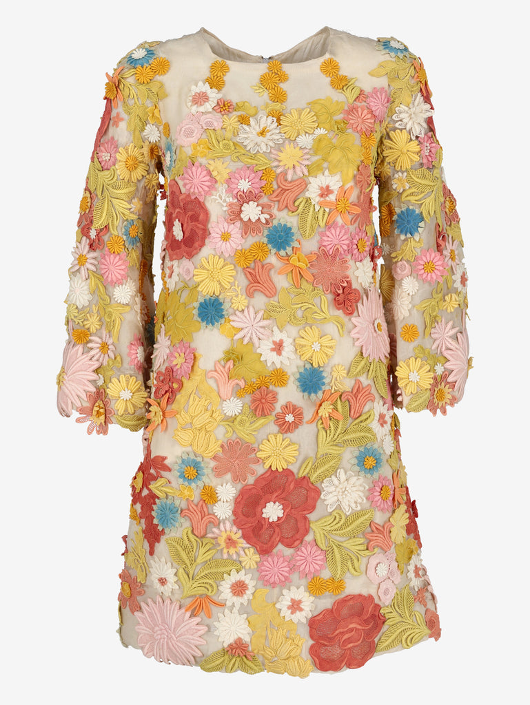 1960s Flower Power Vintage Mini Dress with 3D Floral Embroidery AR129  Vintage 