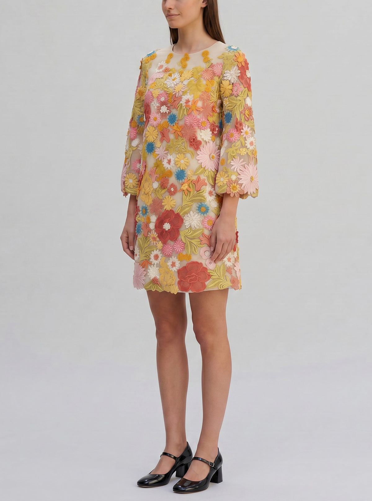 1960s Flower Power Vintage Mini Dress with 3D Floral Embroidery AR129  Vintage 