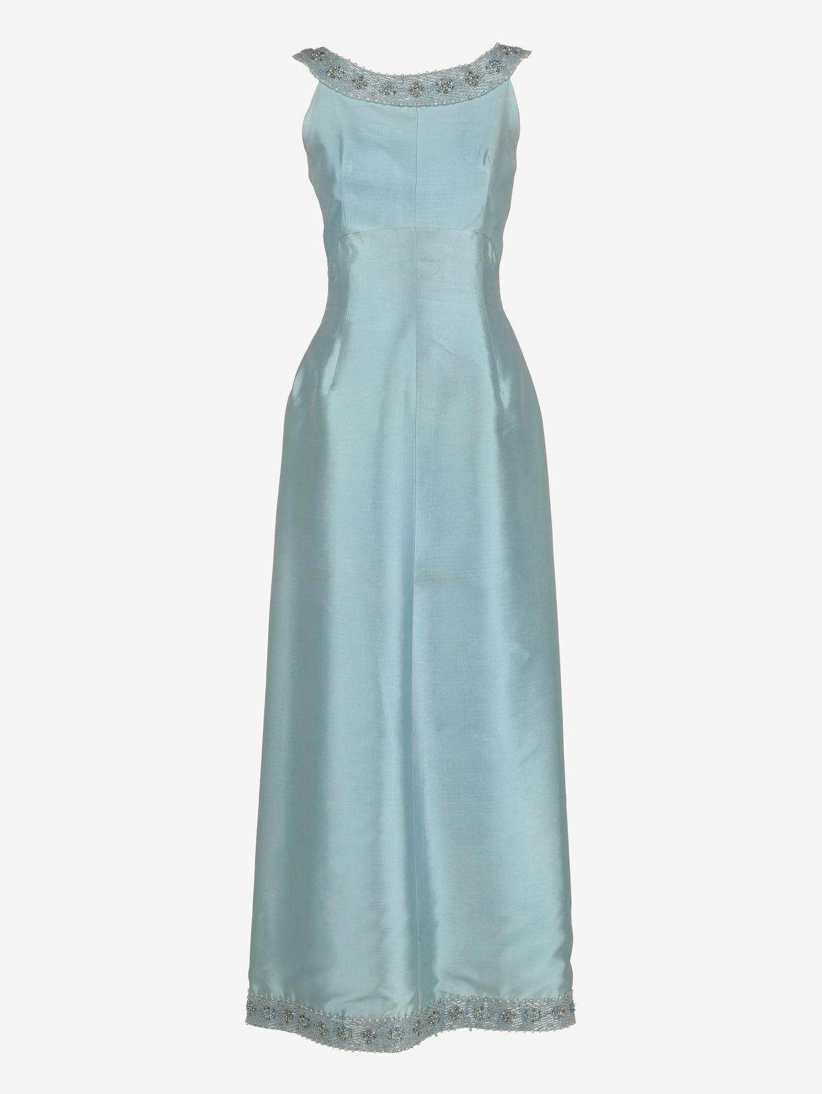Vintage Tiffany Blue Satin Evening Gown with Beaded Neckline and Front Bow - 1960s AR155  Vintage 