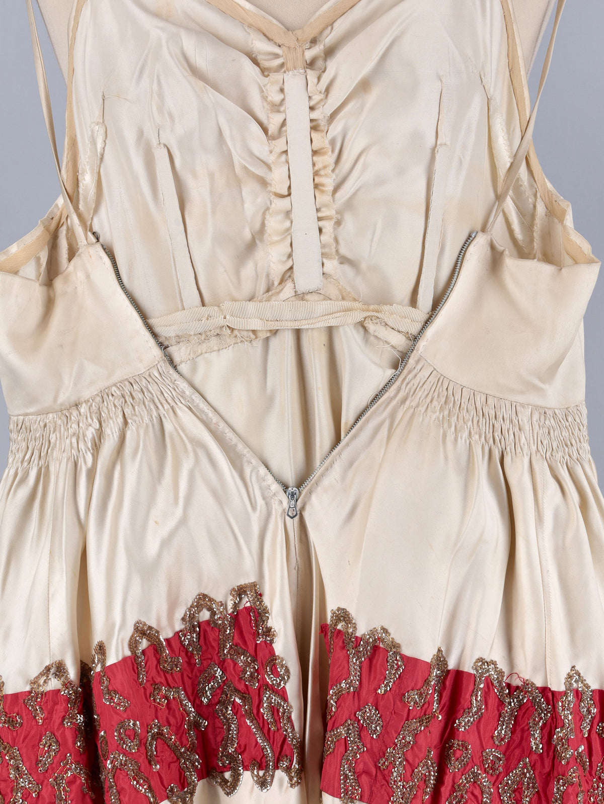 Vintage Cream Maxi Dress with Gold Embroidered Red Waistband - 1970s AR158  Vintage 