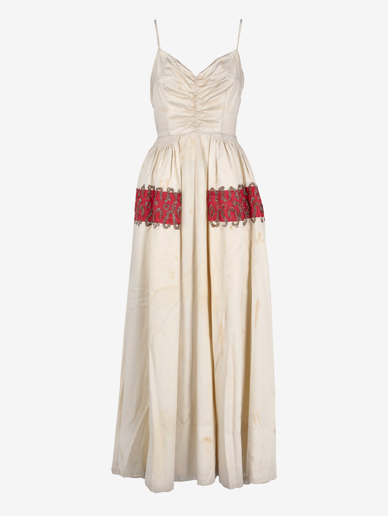 Vintage Cream Maxi Dress with Gold Embroidered Red Waistband - 1970s AR158  Vintage 