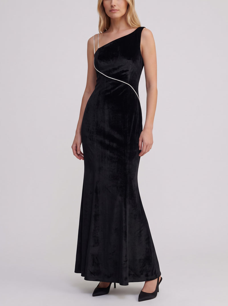 Vintage Black Velvet Evening Gown with Silver Chain Detail W1926.39  Vintage 