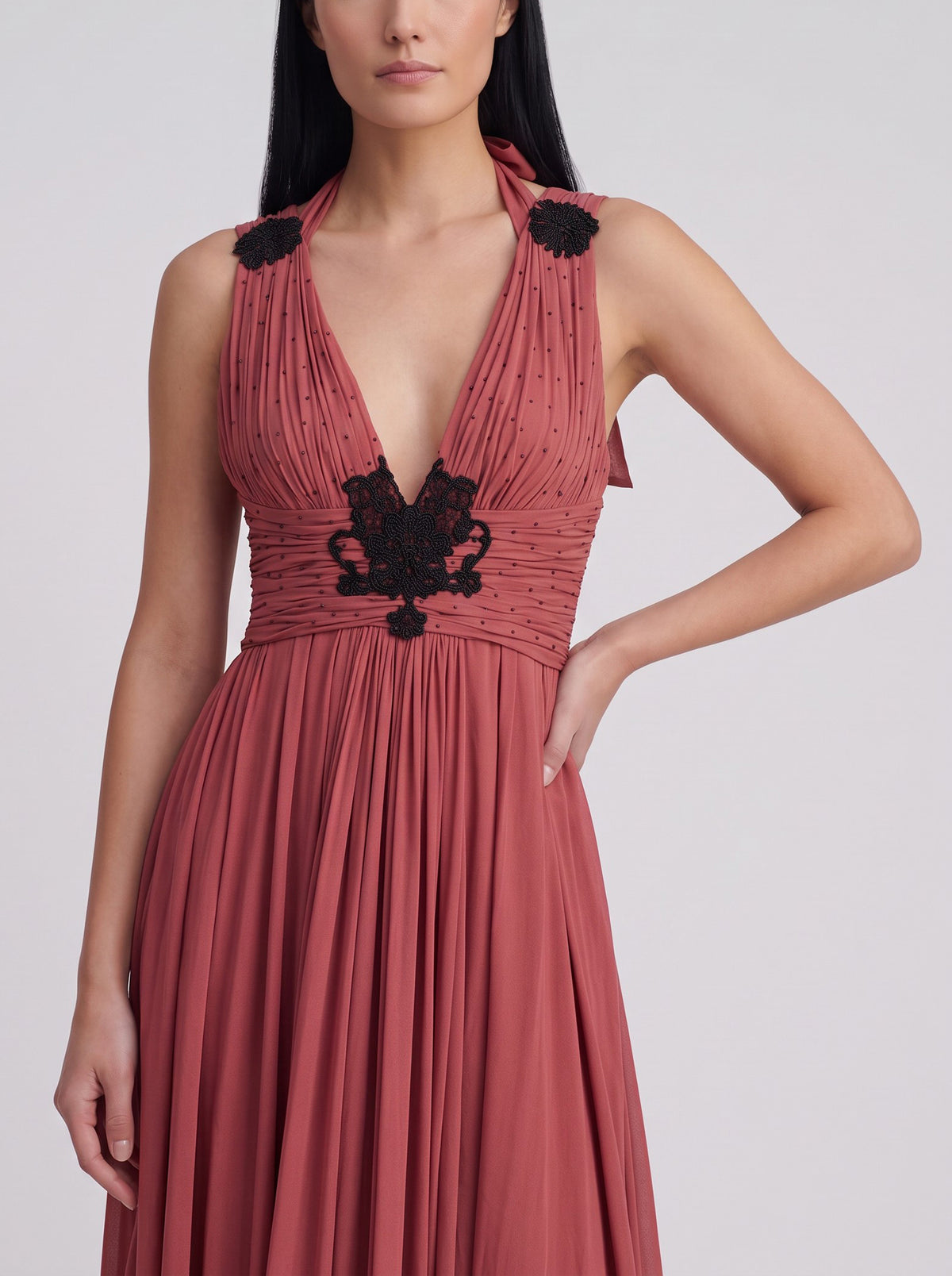 Vintage Burgundy Beaded Evening Gown with Scarf-Like Shoulder Panels W1926.52  Vintage 