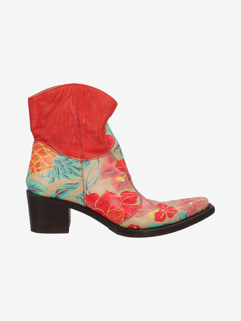 Cowboy Ankle Boots in Red Leather with a Pattern of Flowers W7426.63  Vintage 
