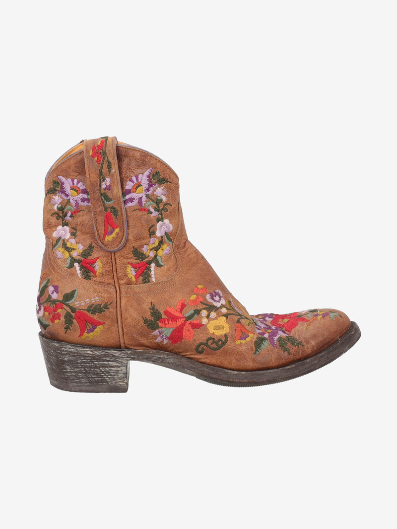 Cowboy Ankle Boots in Brown Leather with Embroidered Flowers W7426.61  Vintage 