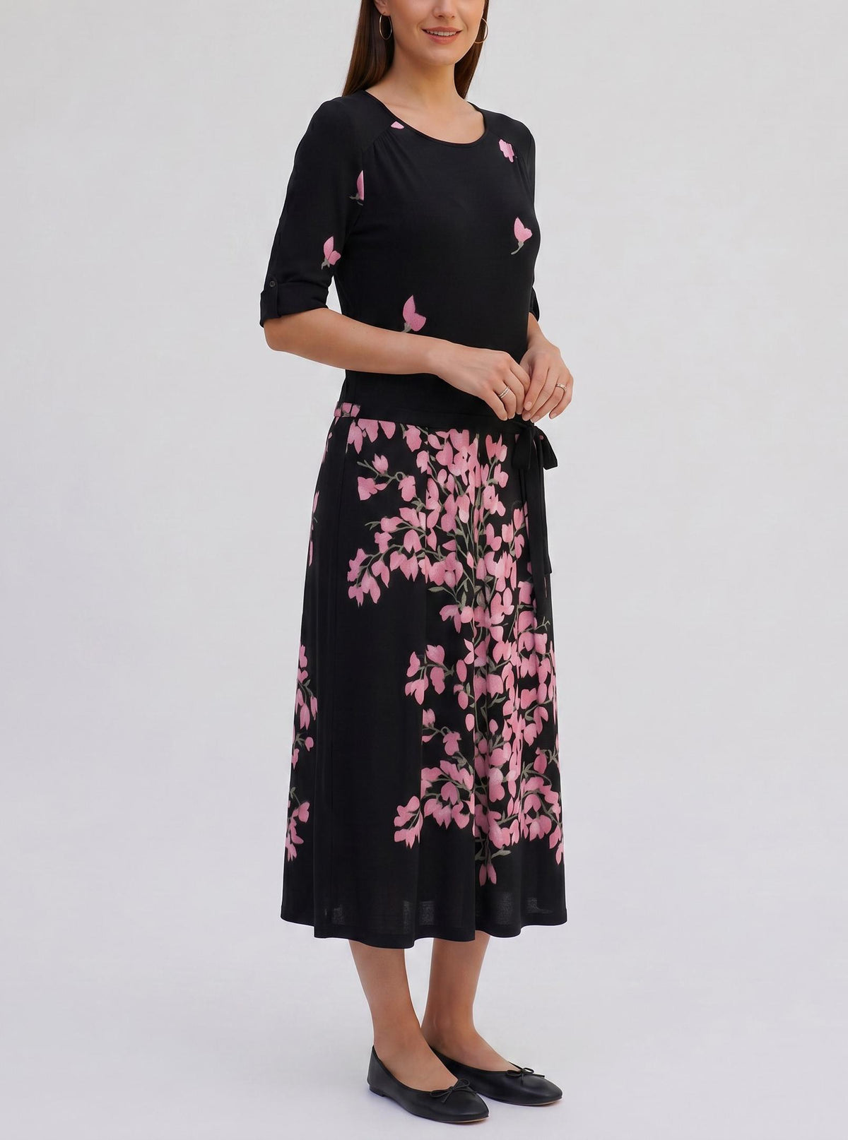 De Parisini olive dress with pink flowers, 70s MR511576 . De Parisini 