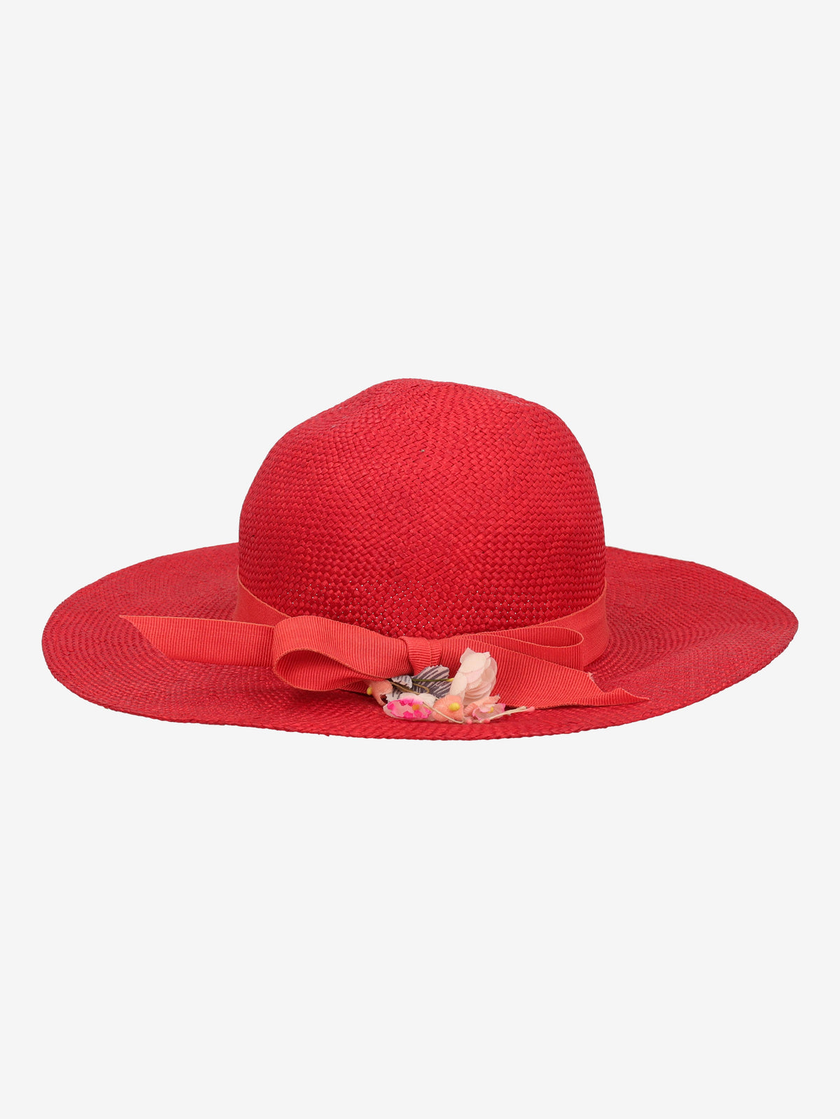 Vintage Red Straw Hat with Floral Trim BR5522.24  Vintage 