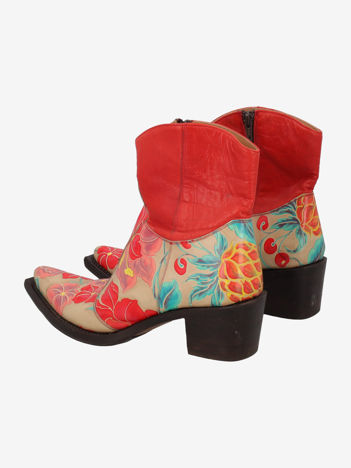 Cowboy Ankle Boots in Red Leather with a Pattern of Flowers W7426.63  Vintage 