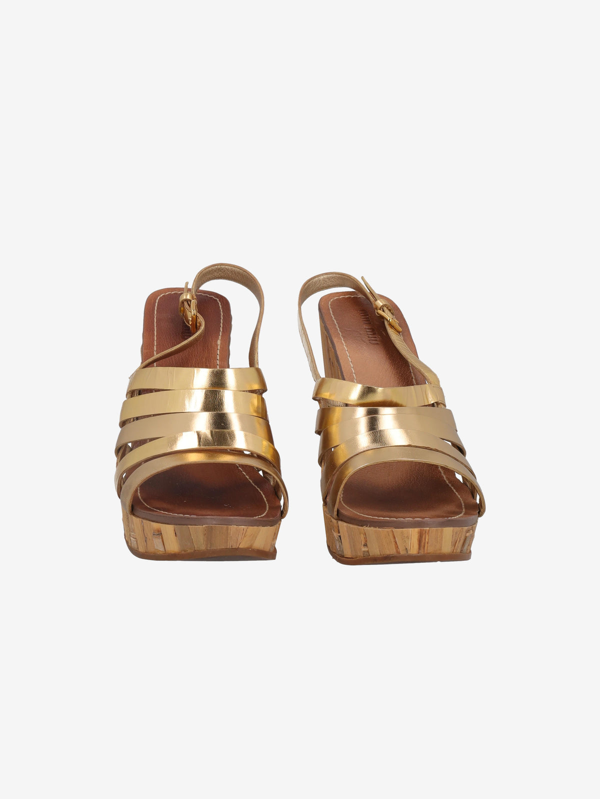 Miu Miu Gold Strappy Bamboo Platform Wedge Sandals W22061012  Miu Miu 