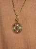 1960s Chanel glass paste medallion with pearls and long golden chain