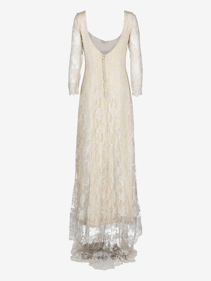 Ivory Lace Wedding Dress with Open Back and Train MZ1910054  Vintage 