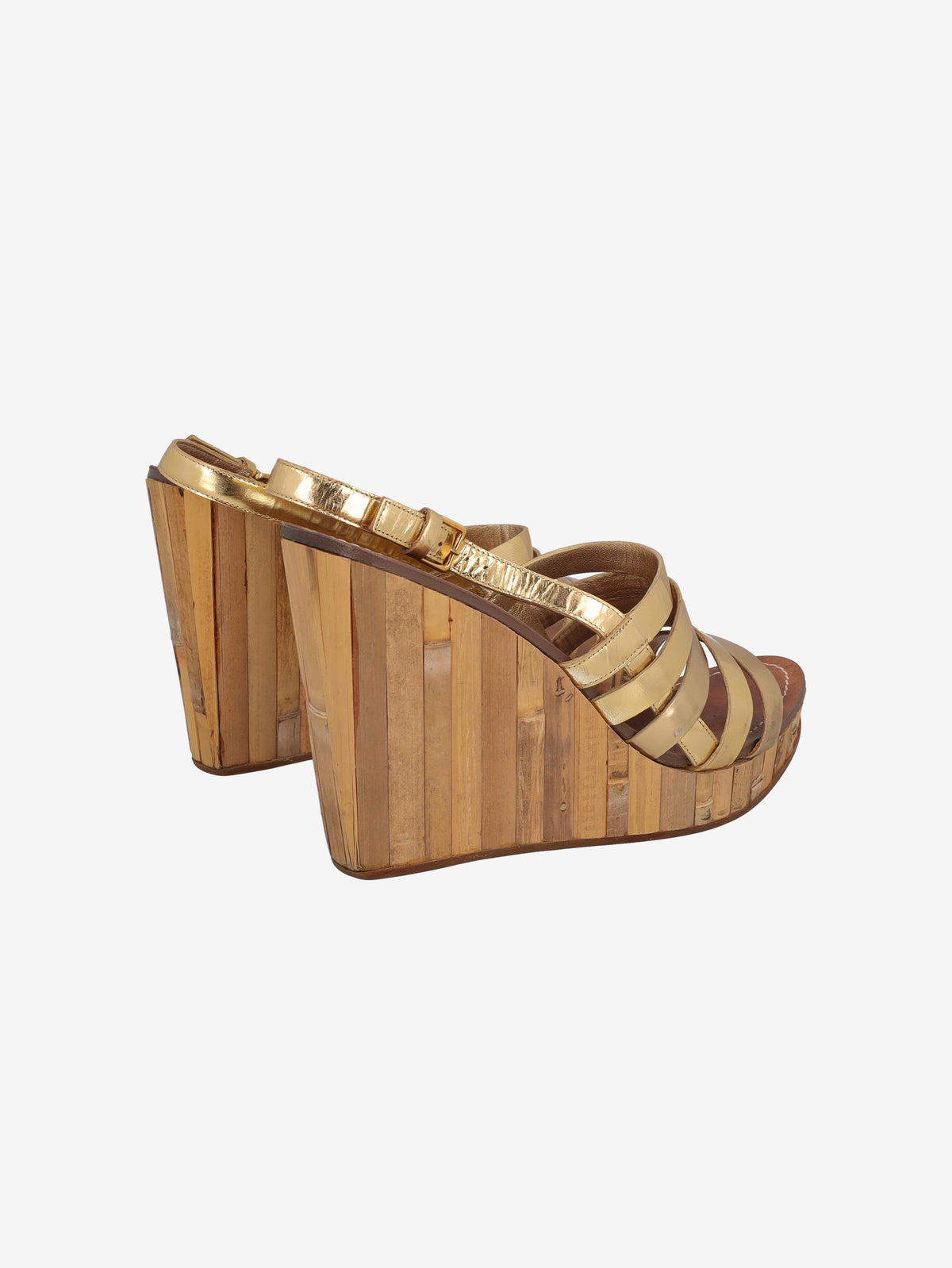 Miu Miu Gold Strappy Bamboo Platform Wedge Sandals W22061012  Miu Miu 