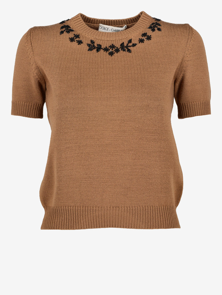 Dolce & Gabbana Knitted Wool T-Shirt with Beaded Floral Necklace Detail W7426.29  Dolce & Gabbana 