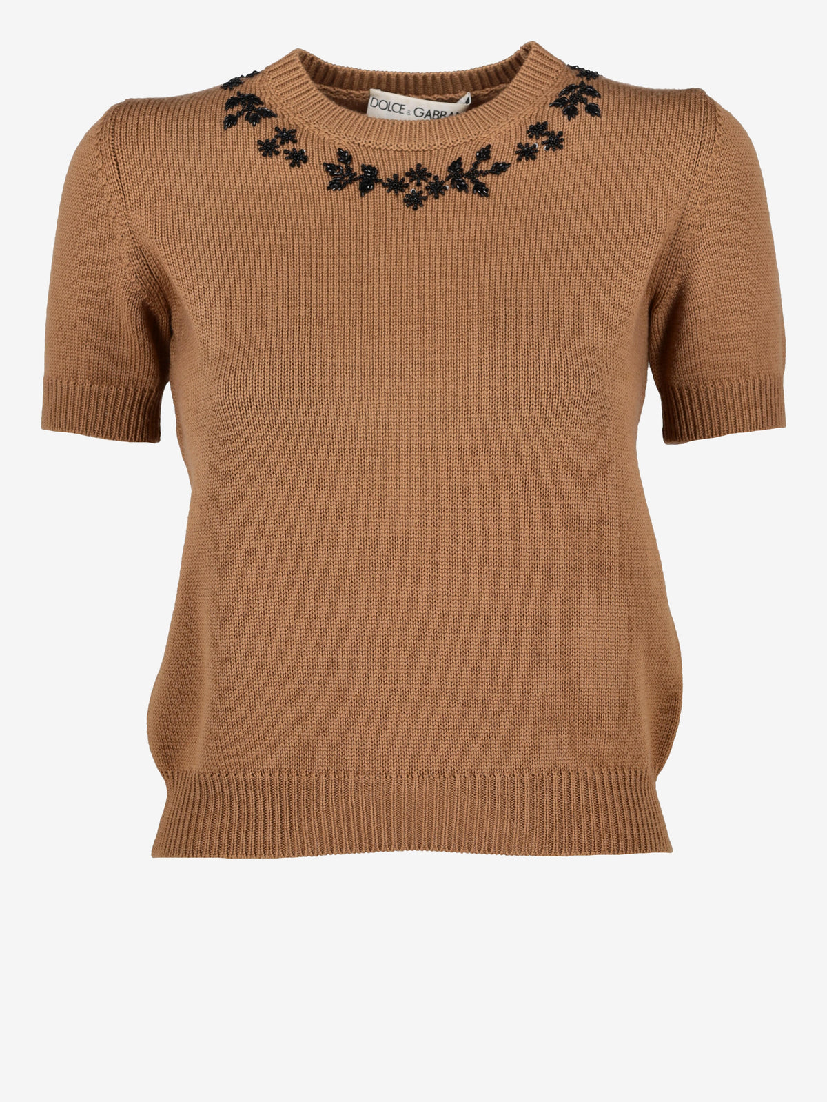 Dolce & Gabbana Knitted Wool T-Shirt with Beaded Floral Necklace Detail W7426.29  Dolce & Gabbana 