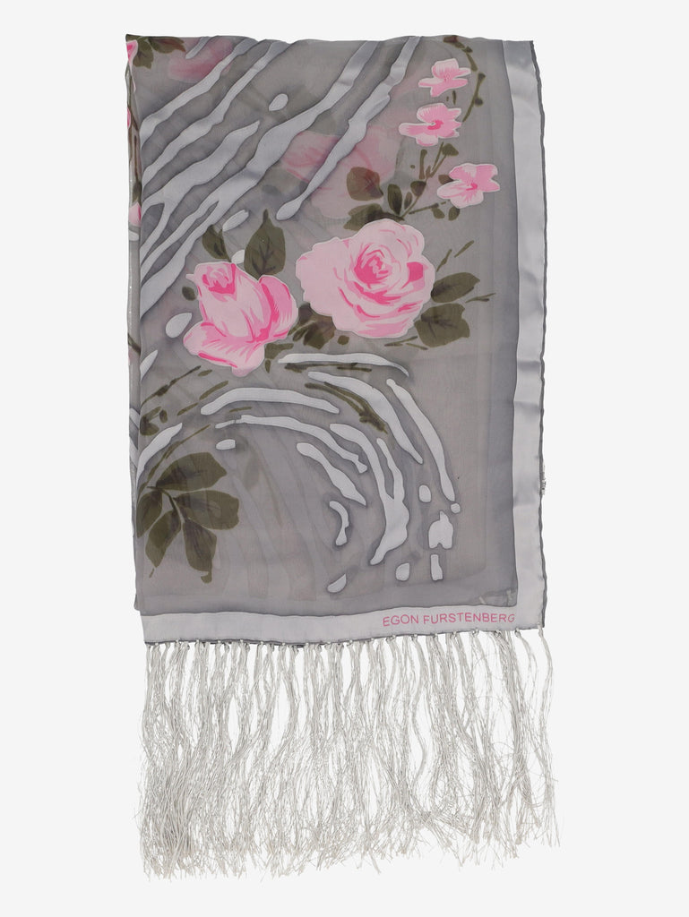 Vintage Sheer Grey Shawl with Pink Rose Motif and Fringe Detail W27526.89  Vintage 