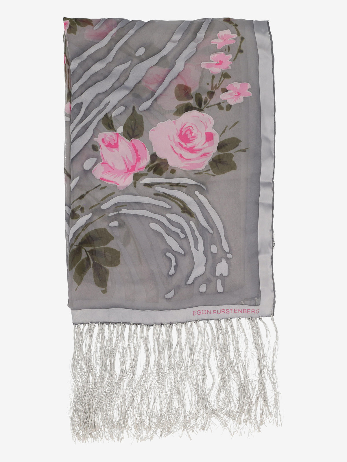 Vintage Sheer Grey Shawl with Pink Rose Motif and Fringe Detail W27526.89  Vintage 