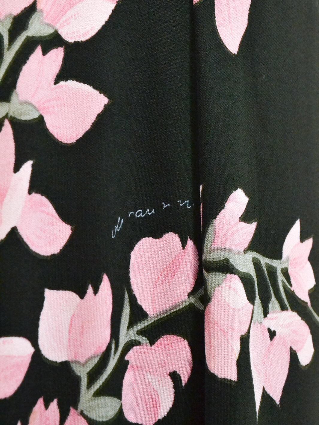 De Parisini olive dress with pink flowers, 70s MR511576 . De Parisini 