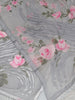Vintage Sheer Grey Shawl with Pink Rose Motif and Fringe Detail W27526.89  Vintage 