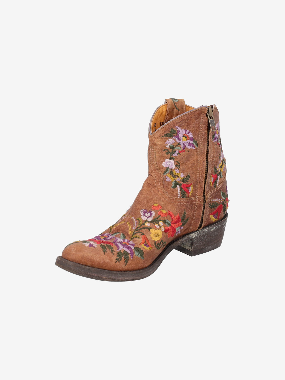 Cowboy Ankle Boots in Brown Leather with Embroidered Flowers W7426.61  Vintage 