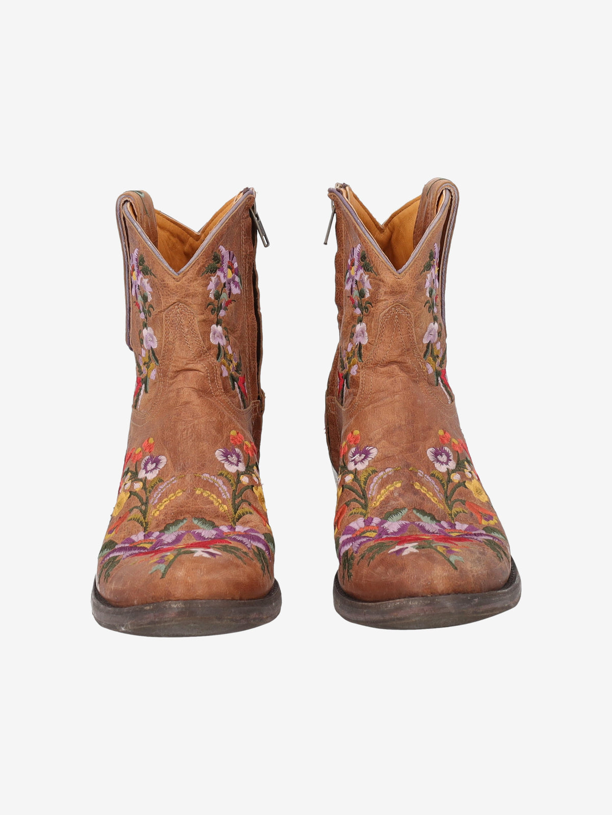 Cowboy Ankle Boots in Brown Leather with Embroidered Flowers W7426.61  Vintage 