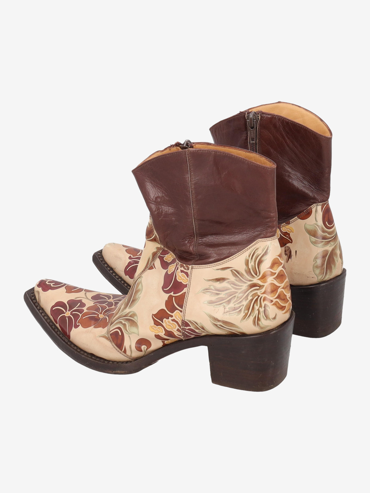 Cowboy Ankle Boots in Brown Leather with a Pattern of Flowers W7426.62  Vintage 