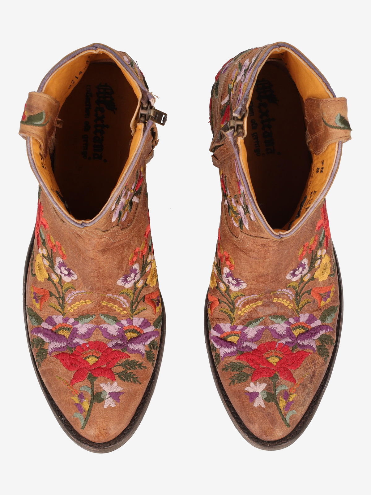 Cowboy Ankle Boots in Brown Leather with Embroidered Flowers W7426.61  Vintage 