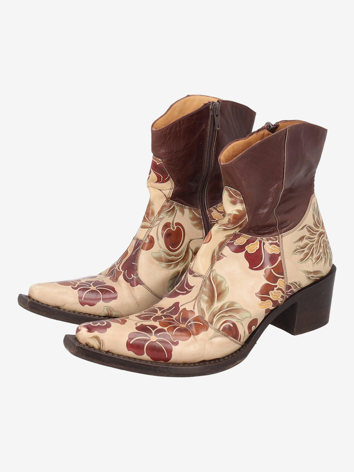 Cowboy Ankle Boots in Brown Leather with a Pattern of Flowers W7426.62  Vintage 