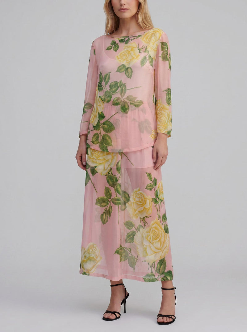 Vintage Silk Skirt & Blouse Set with Rose Print W150626.10  Vintage 