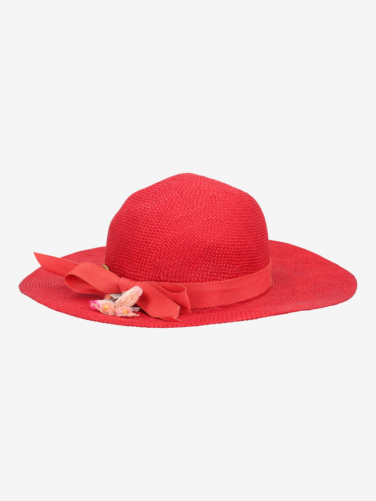 Vintage Red Straw Hat with Floral Trim BR5522.24  Vintage 