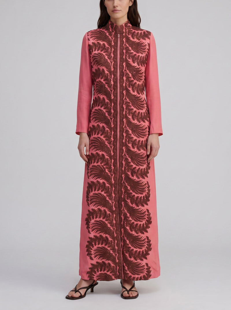 Vintage Pink Kaftan Dress with Dark Brown Embroidery W150626.11  Vintage 