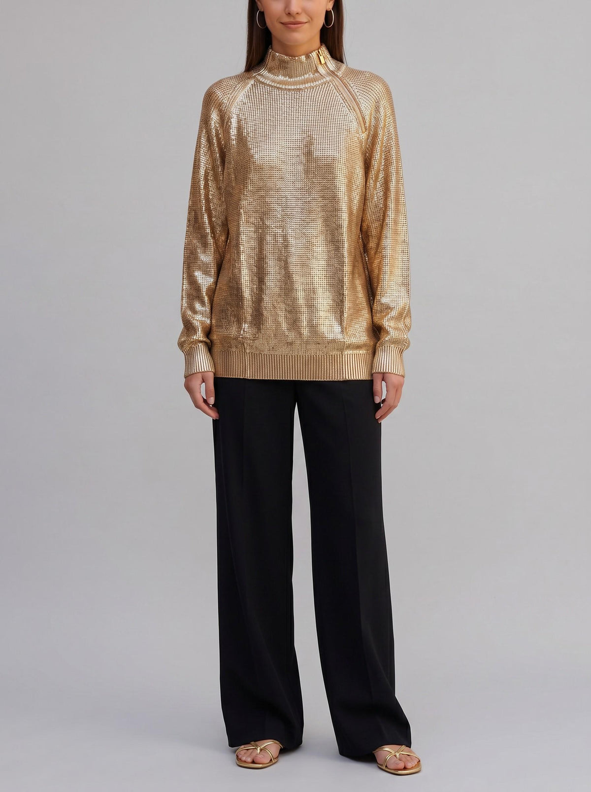 Gianfranco Ferré Gold Laminated Knit Turtleneck with Asymmetric Zip - 1993 W2511.129  Gianfranco Ferré 