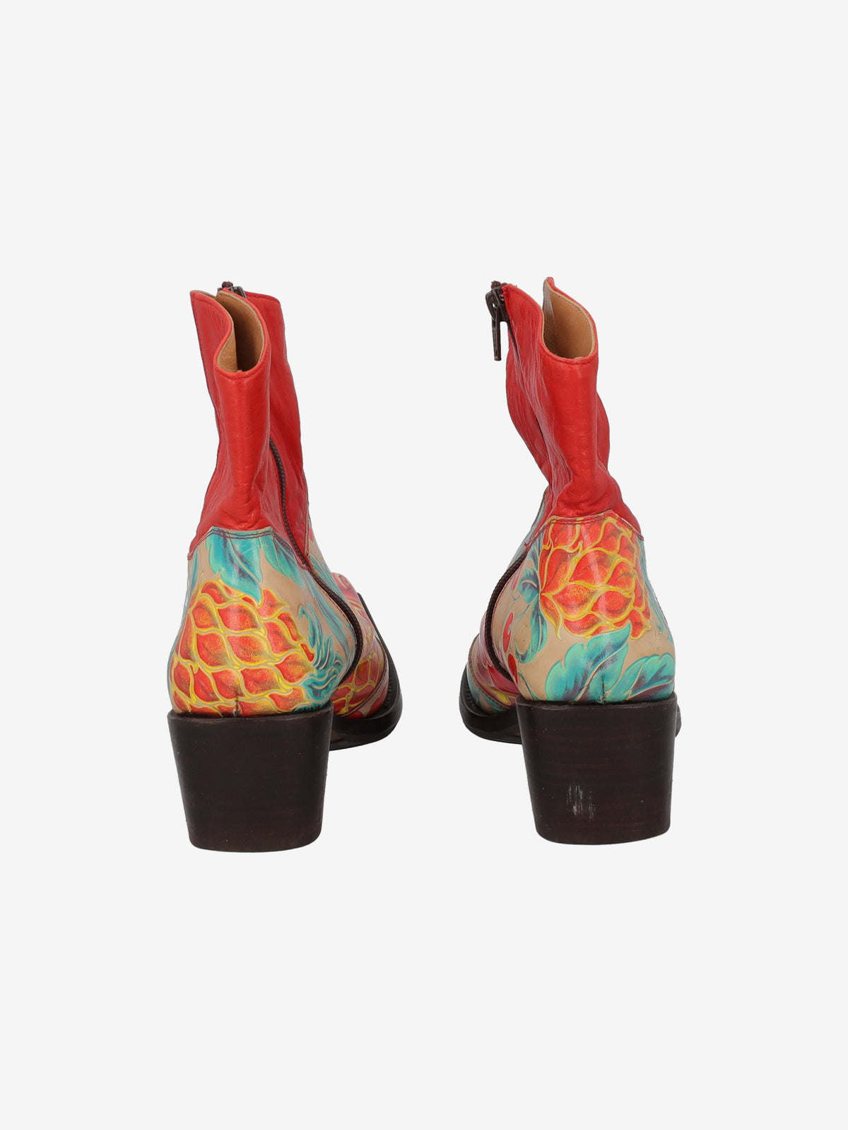 Cowboy Ankle Boots in Red Leather with a Pattern of Flowers W7426.63  Vintage 