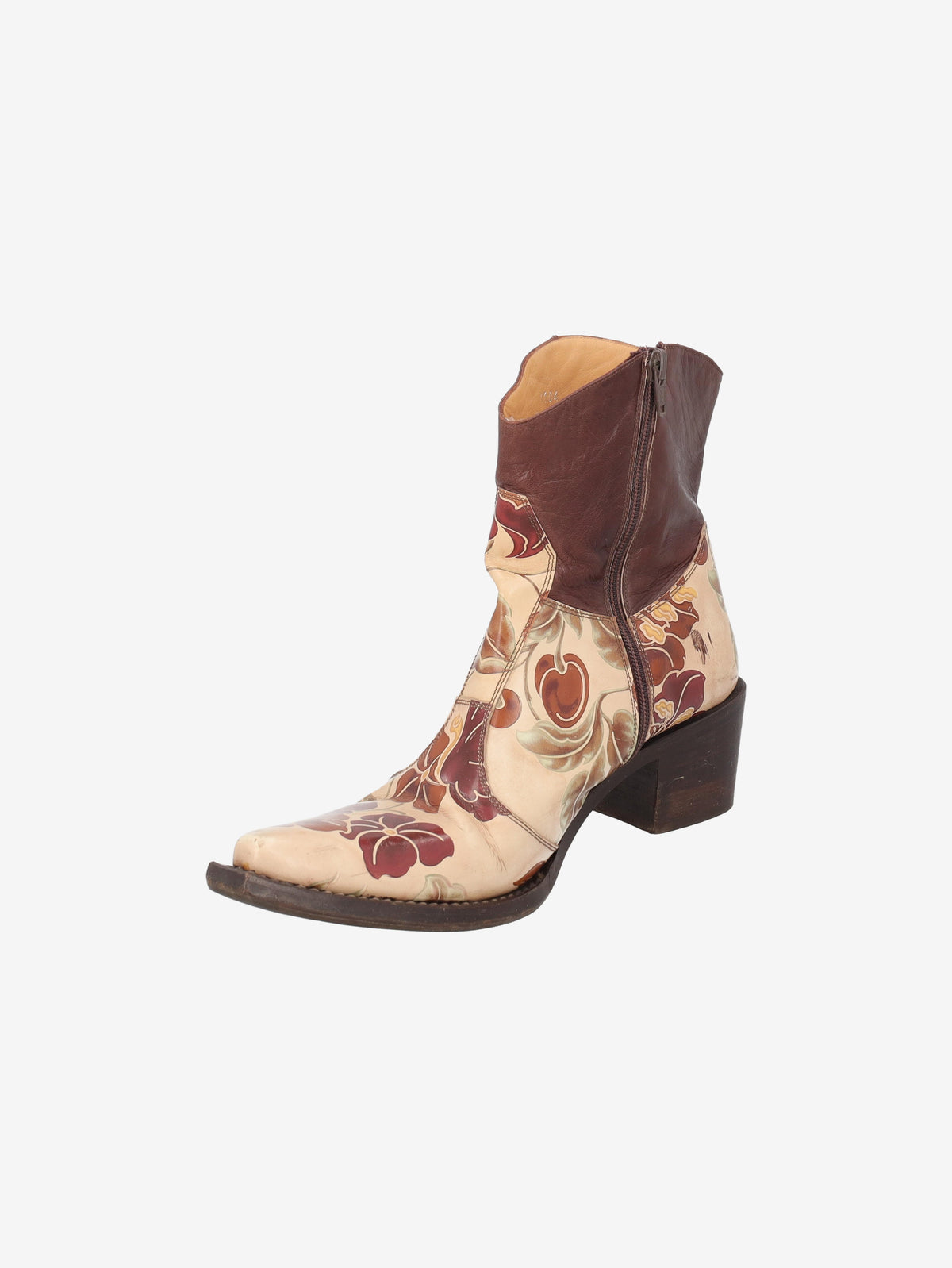 Cowboy Ankle Boots in Brown Leather with a Pattern of Flowers W7426.62  Vintage 